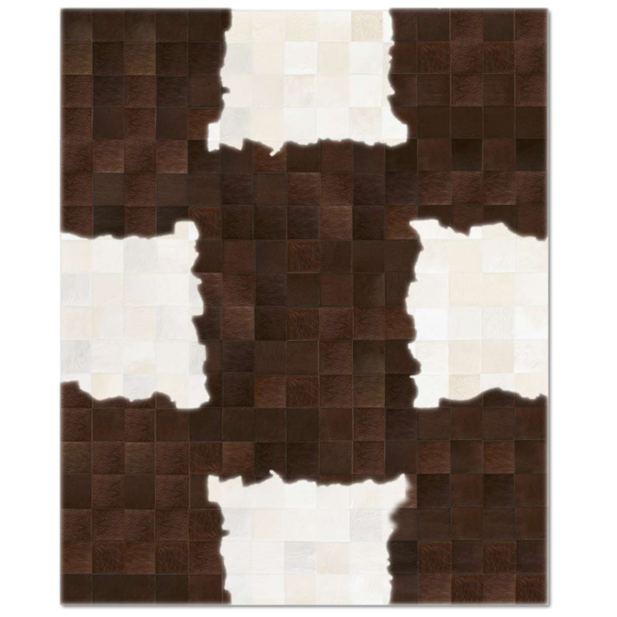 Custom Cowhide Patchwork Rug - 4in Squares - Torn Paper Dark Brown - Off White