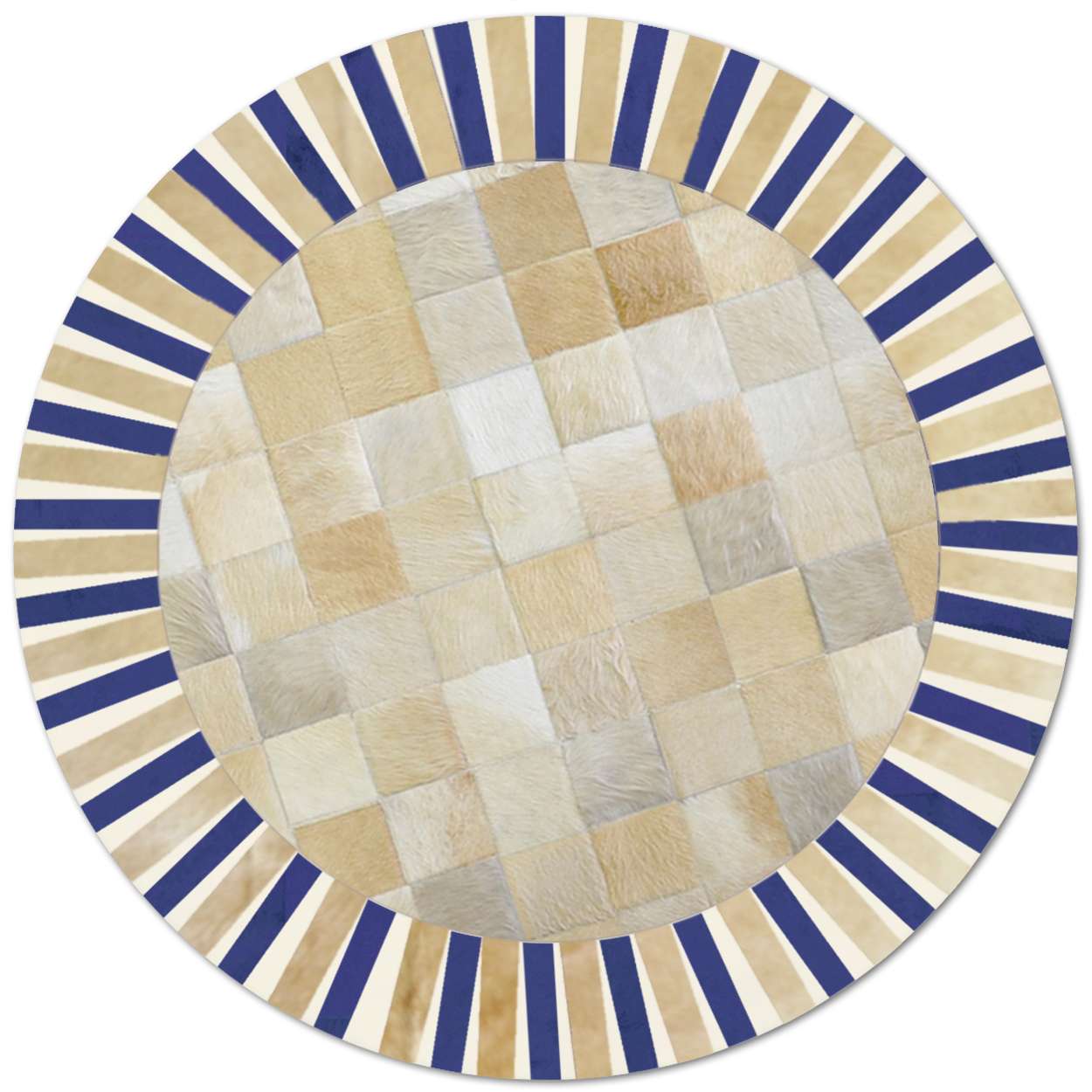 Custom Cowhide Patchwork Round Rug - 6in Squares - Sun Color on Palomino