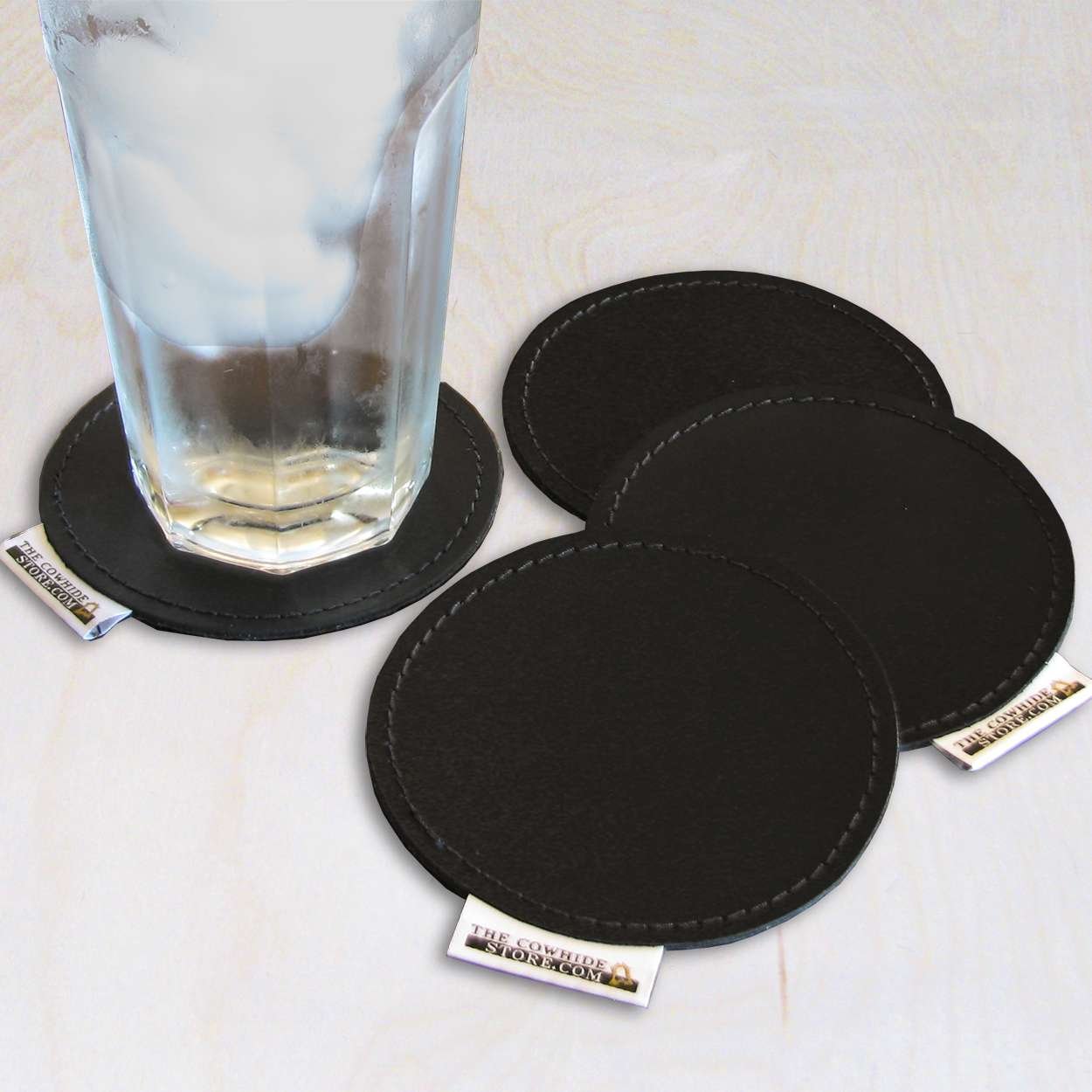 Genuine Black Leather Coasters - Set of 4