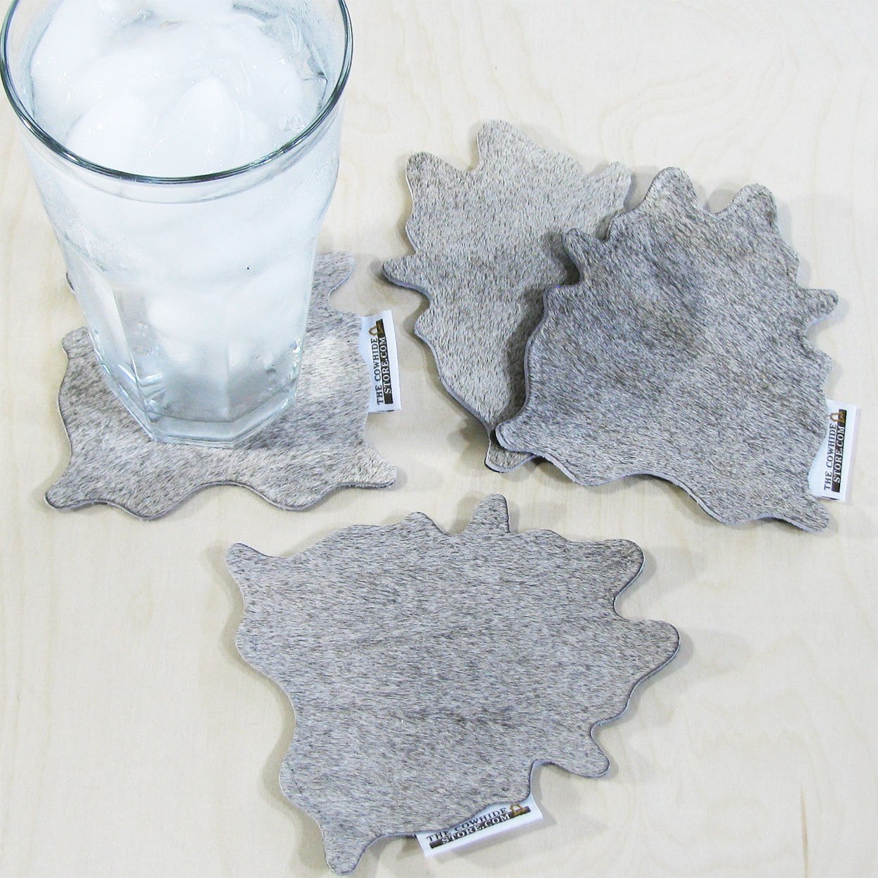 Set of 4 Solid Gray Mini Cowhide Rug Shaped Drink Coasters