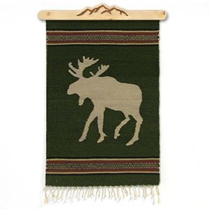 470201 - 2ft x 3ft Beige and Dark Green Moose Wool Rug with Mountain Wood Hanger