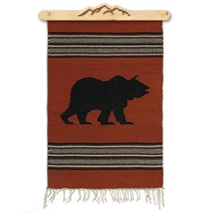 470211 - 24in x 36in Black Bear on Rusty Red Wool Tapestry with Mountain Wood Hanger