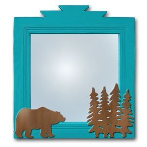 600006 - 17in Bear and Trees Lodge Turquoise Pine Accent Mirror