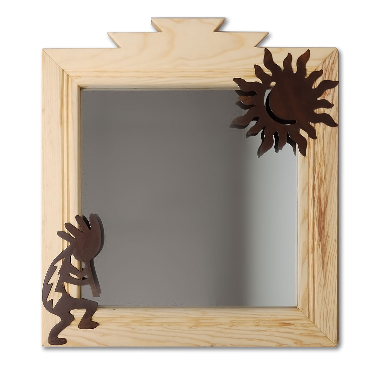 17in Kokopelli and Sun Southwest Natural Pine Decorative Wood Wall Mirror - stk