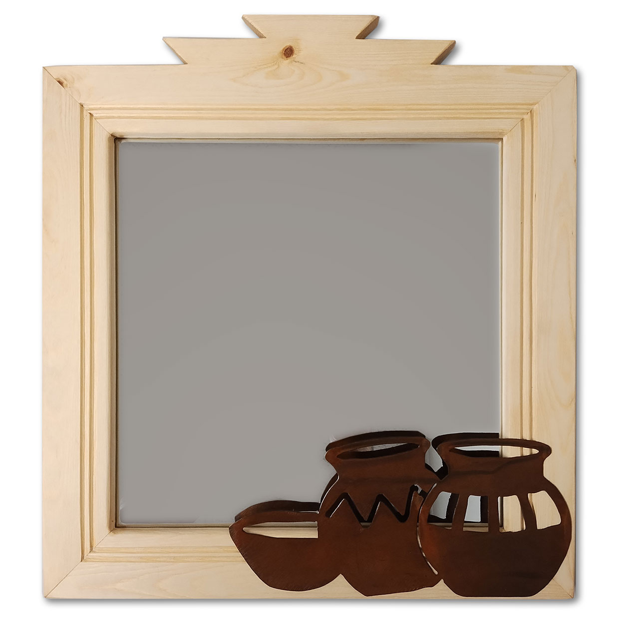 17in Three Pots Southwest Natural Pine Decorative Wood Wall Mirror - stk