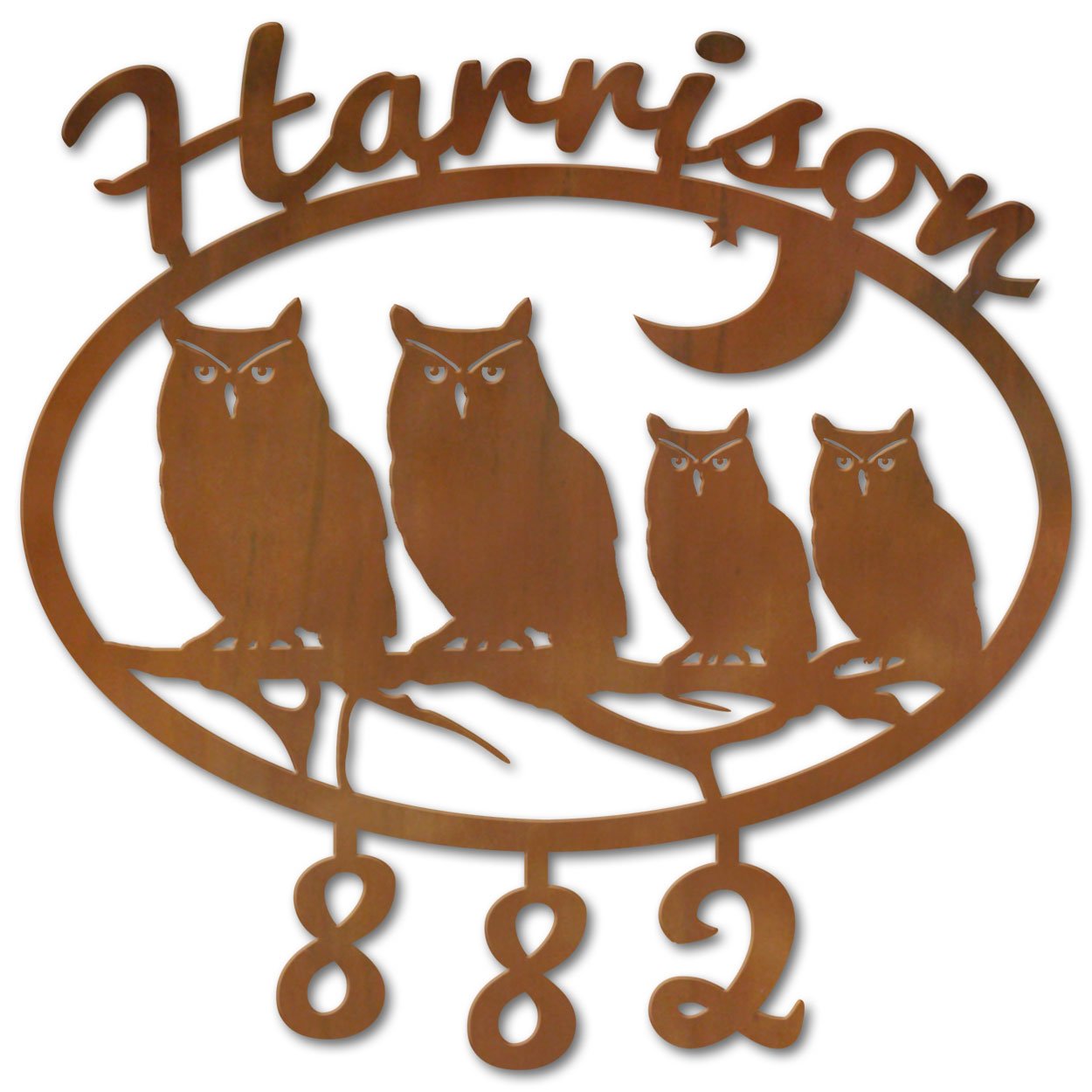 600621 - Four Owls Custom Name and House Numbers Wall Art