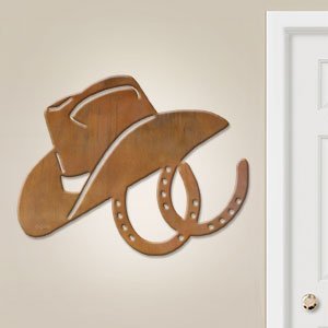 601016 - 36in Horizontal Cowboy Hat and Horseshoes Lg Rustic Metal Wall Decor