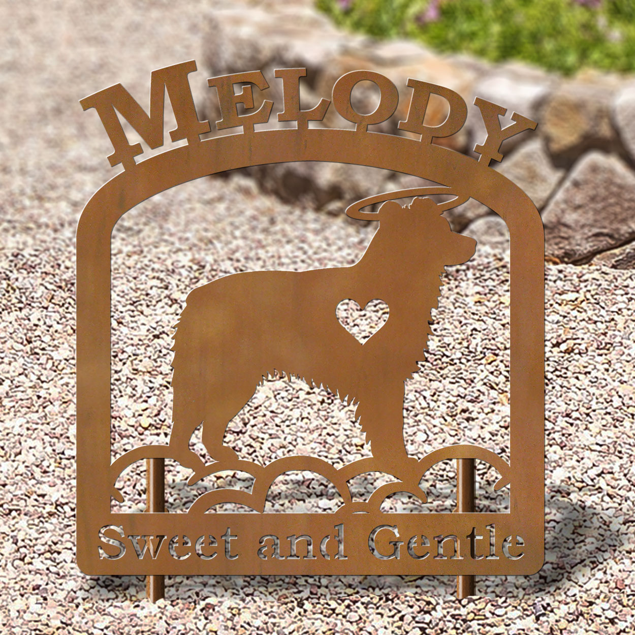 601728 - 16in x 19in Australian Shepherd Personalized Upright Outdoor Metal Dog Memorial in Black or Rust
