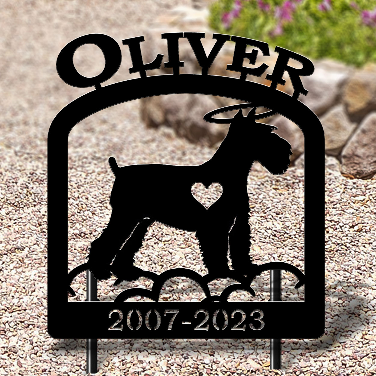 601757 - 16in W x 19in H Schnauzer Personalized Dog Breed Upright Outdoor Metal Pet Memorial in Black or Rust