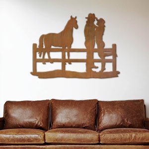 602010 - 44in Horizontal Couple with Horse XL Rustic Metal Wall Decor