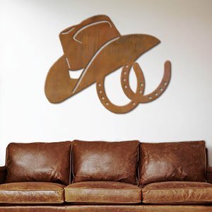 602016 - 44in Horizontal Cowboy Hat and Horseshoes XL Rustic Metal Wall Decor