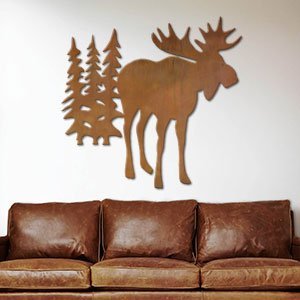 602035 - 44in Horizontal Moose and Trees XL Rustic Metal Wall Decor