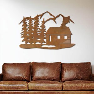 602036 - 44in Horizontal Mountain Forest Cabin XL Rustic Metal Wall Decor