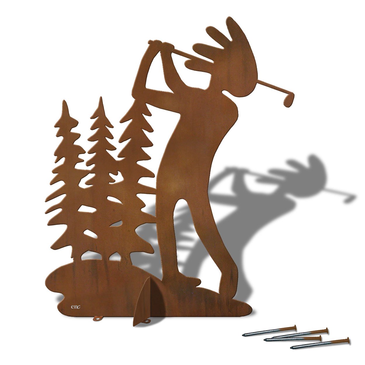 603020 - 36in H Kokopelli Tree Line Golfer Silhouette Rustic Metal Yard Art