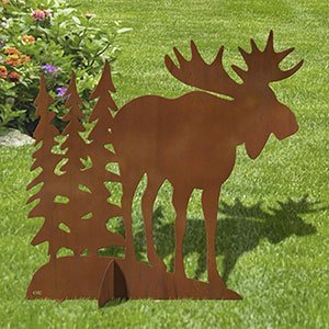 603035 - 36in W Moose And Trees Silhouette Rustic Metal Yard Art