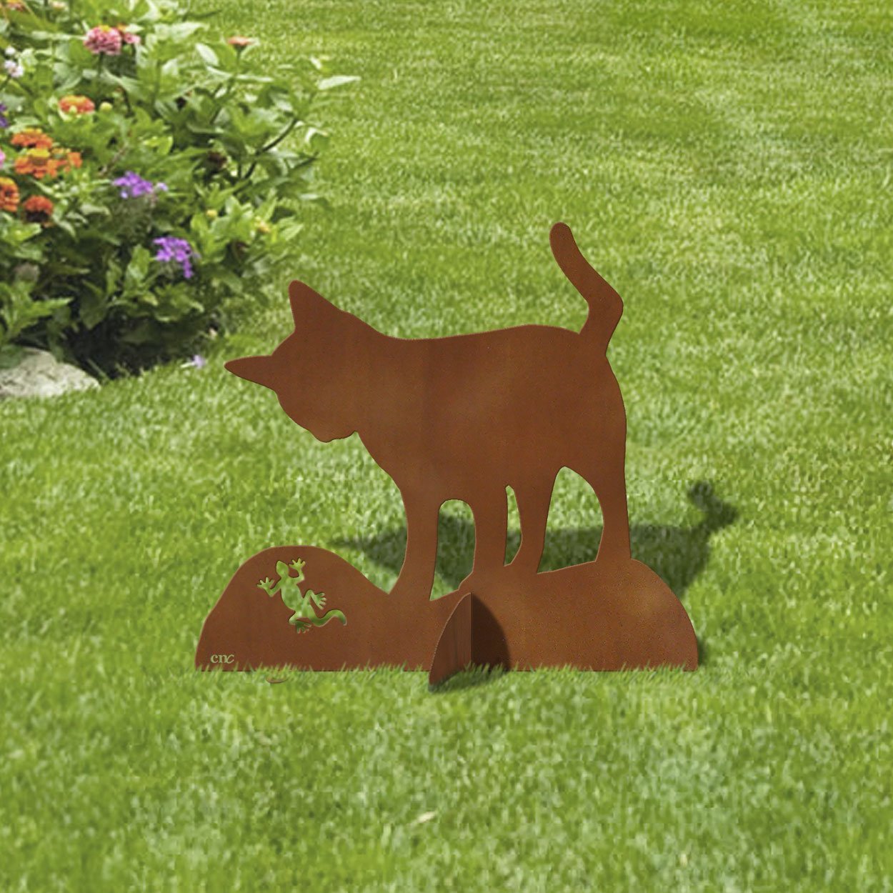 603057 - 24in W Cat And Lizard Metal Garden Statue Yard Art