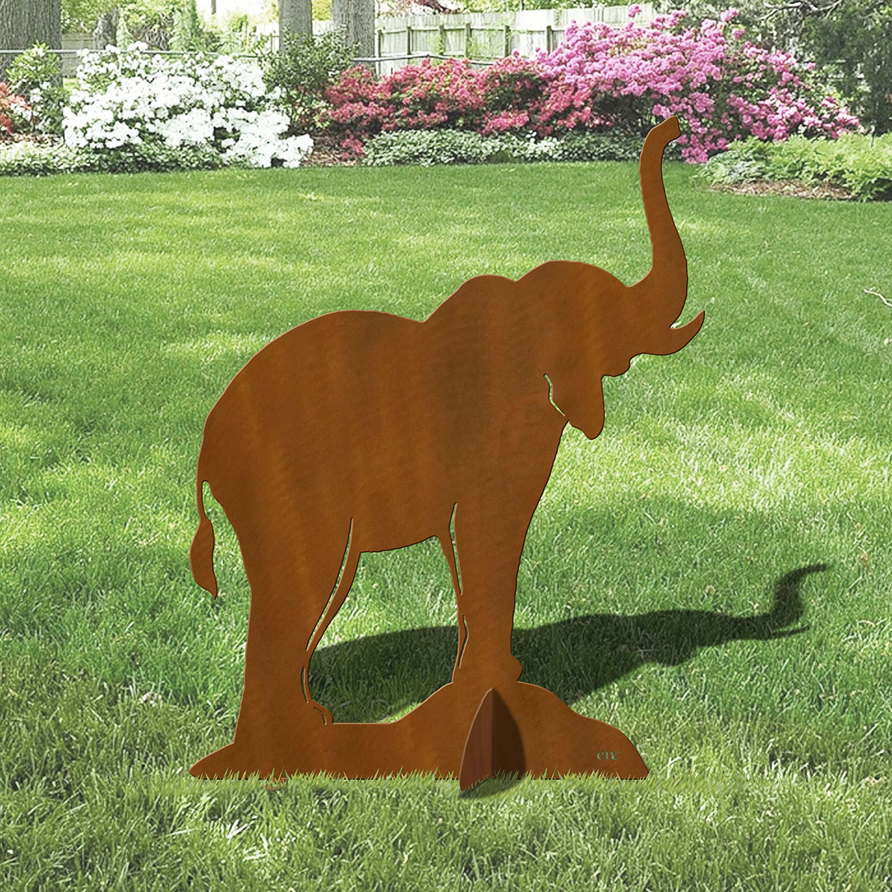 603226 - 36in H Elephant Large Metal Lawn Ornament in Rust Patina