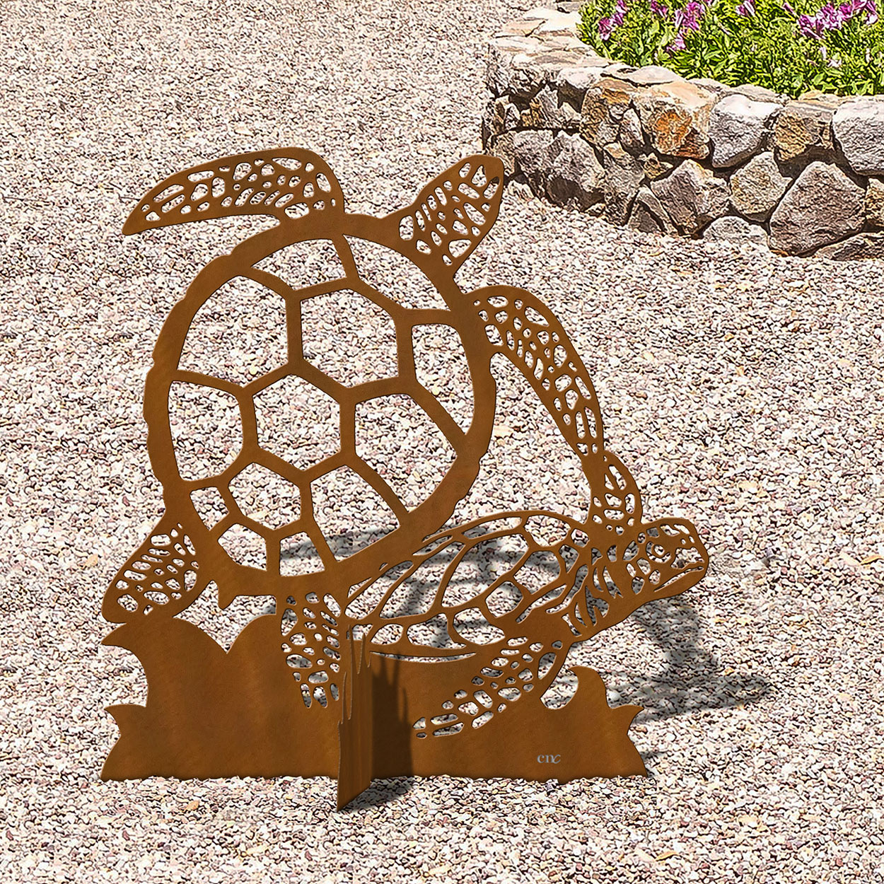603256 - 36in H Sea Turtles Large Metal Lawn Ornament in Rust Patina