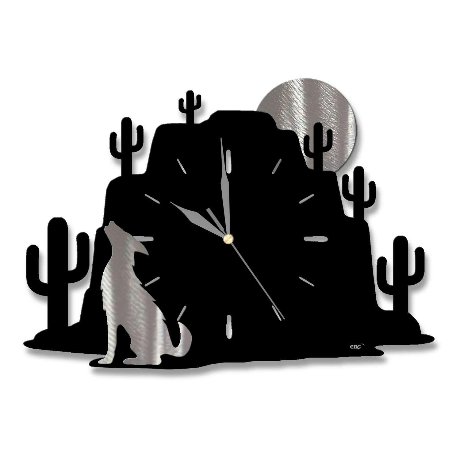 604001 - Cactus Mountain 15in Wall Clock - Coyote and Moon - Choose Color