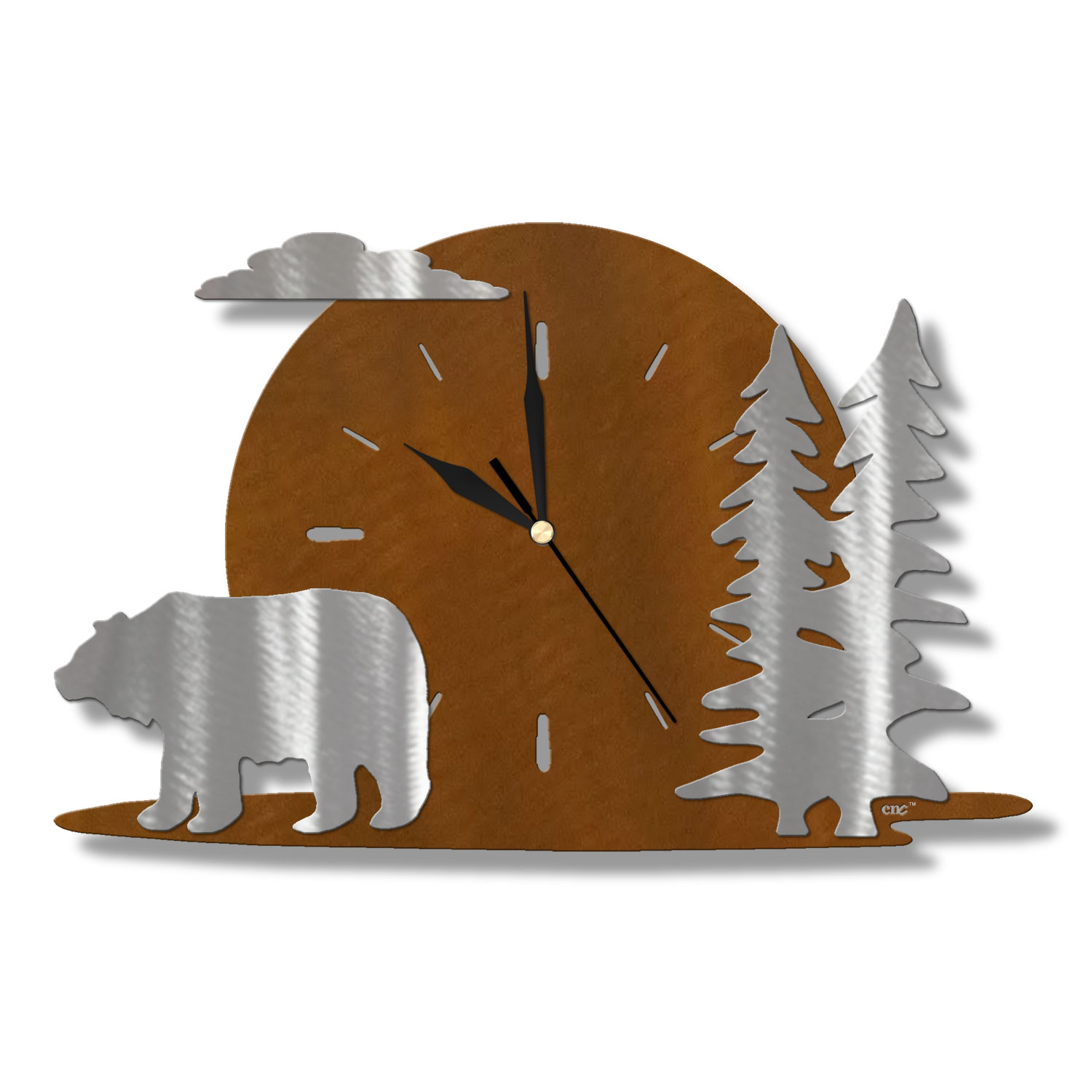 Moonrise 15in Wall Clock - Bear and Trees in Rust Patina - stk