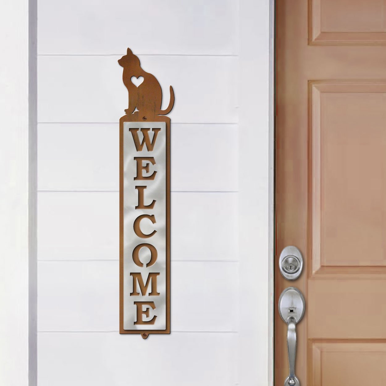 605058 - Love Cats Design Polished Steel on Rust Welcome Sign