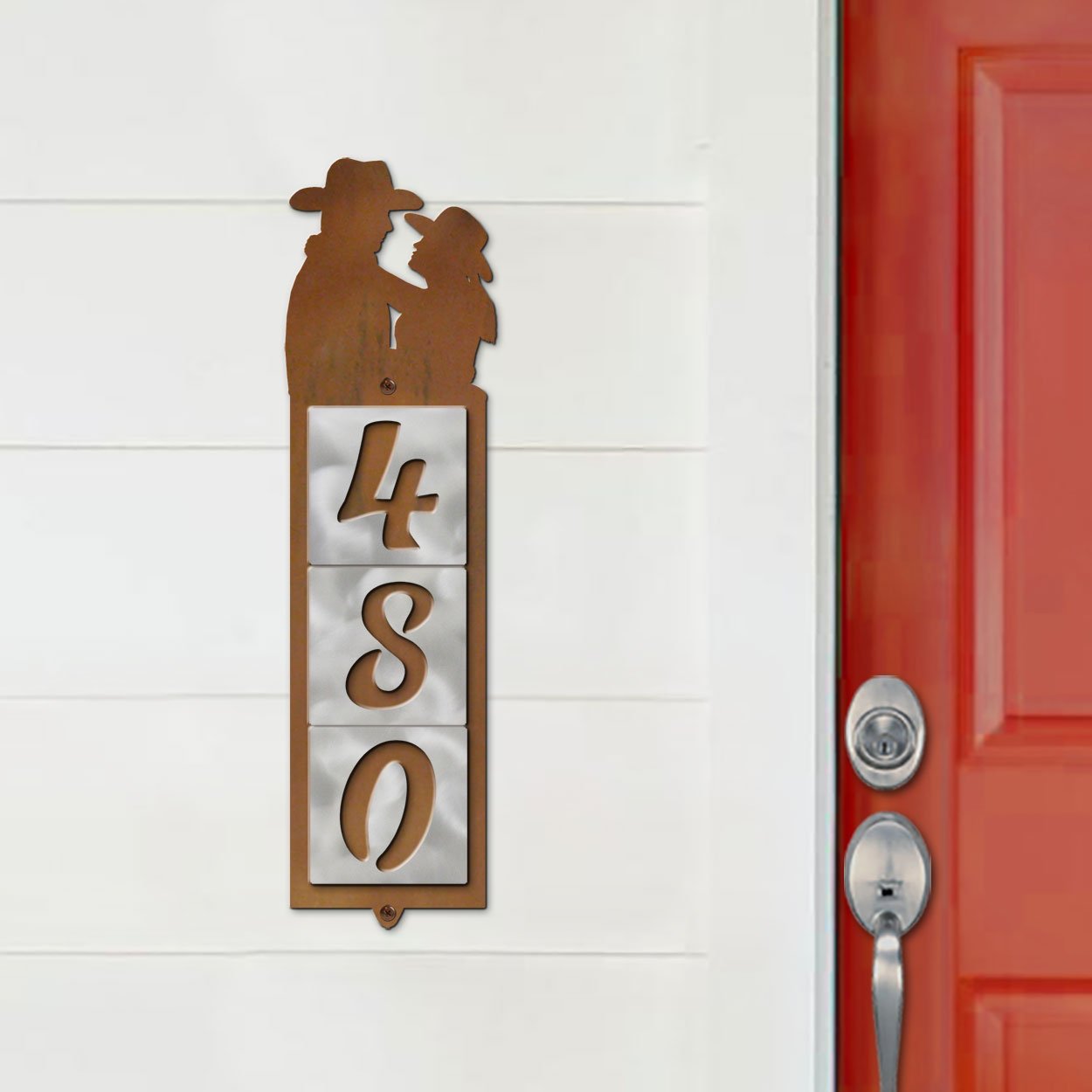 605083 - Cowboy Couple Design 3-Digit Vertical Tile House Numbers