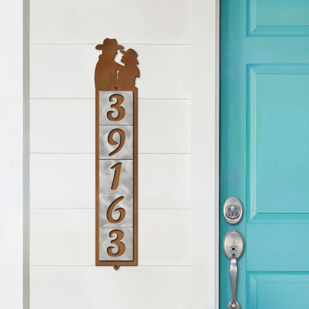 605085 - Cowboy Couple Design 5-Digit Vertical Tile House Numbers