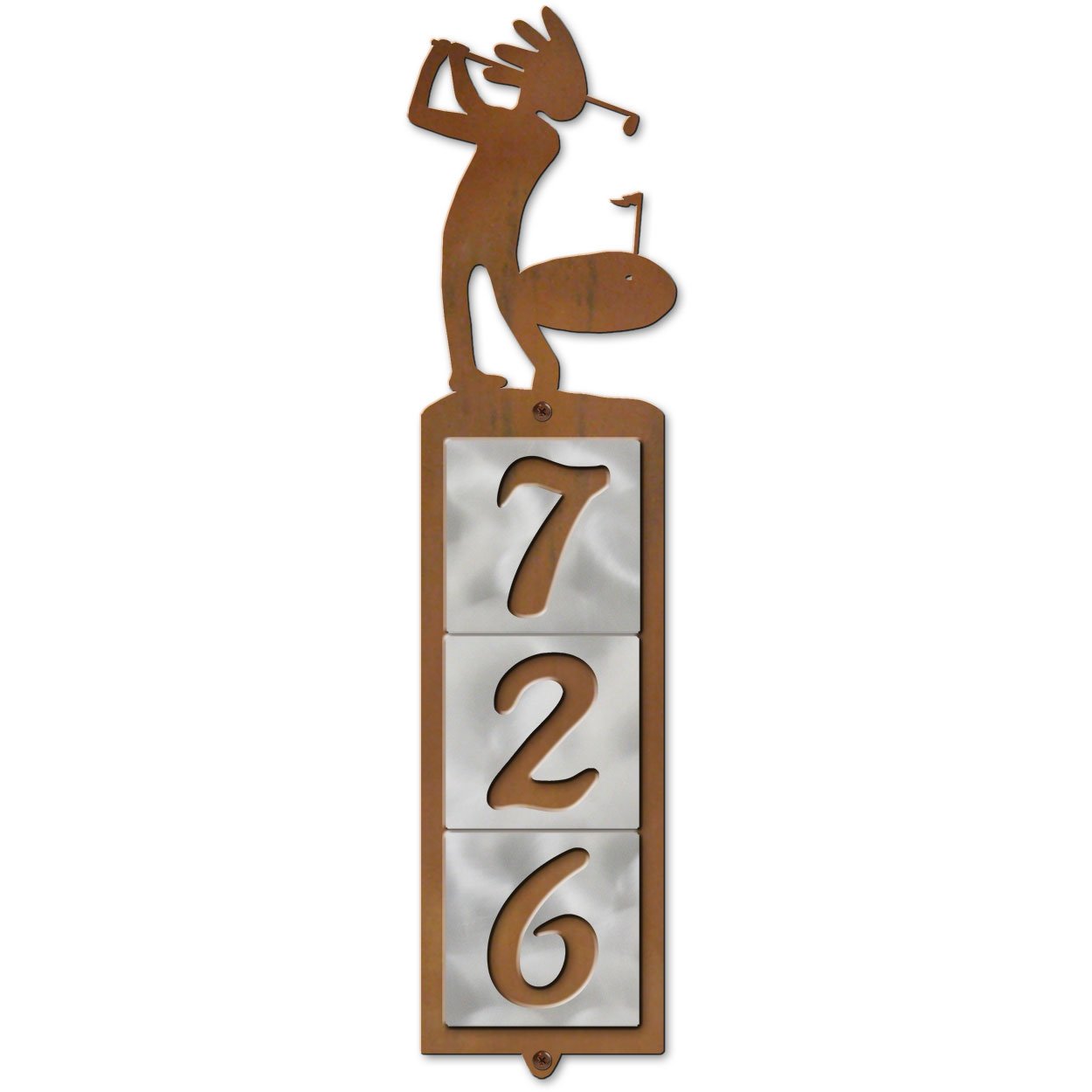 605373 - Kokopelli Golfer Metal Tile 3-Digit Vertical House Numbers