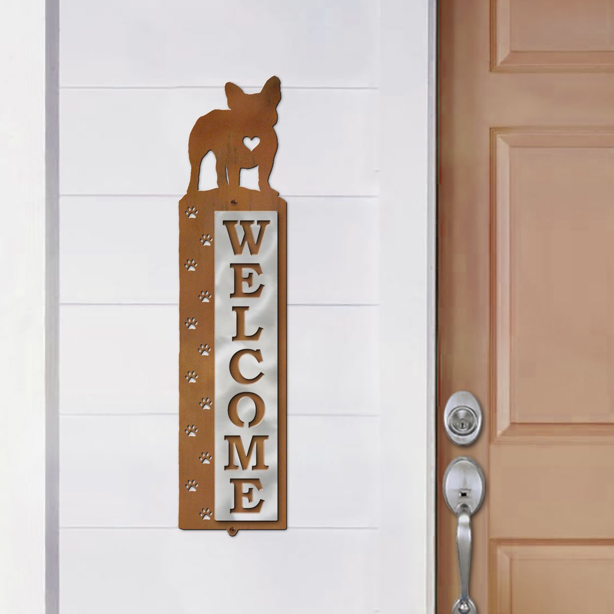 606218 - French Bulldog Nose Prints Polished Steel on Rust Welcome Sign