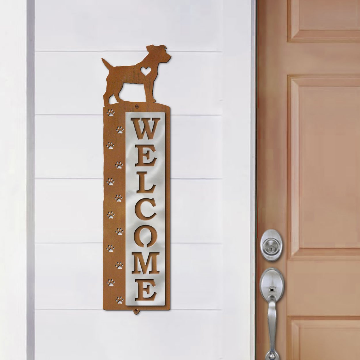 606258 - Jack Russell Nose Prints Polished Steel on Rust Welcome Sign
