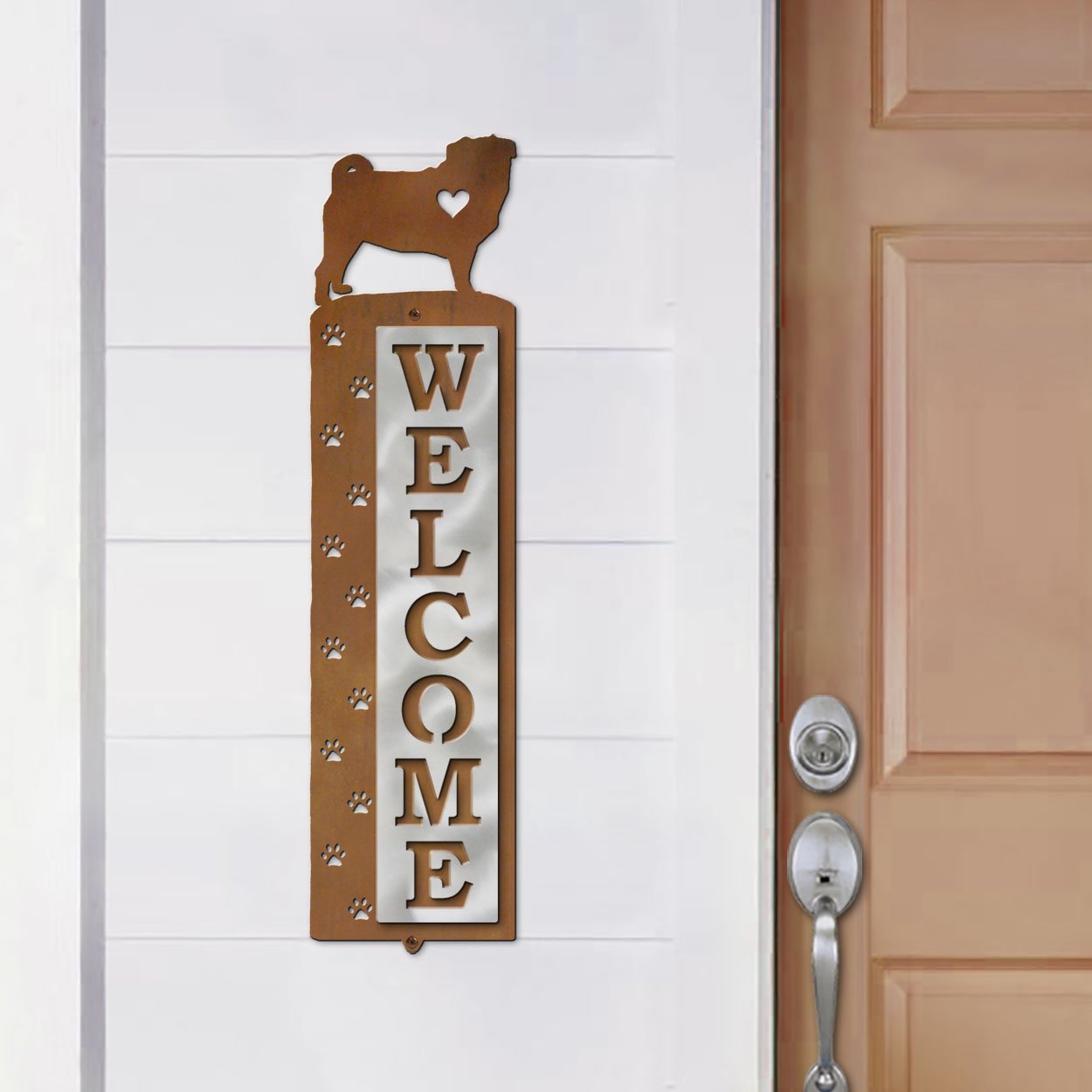 606308 - Pug Nose Prints Polished Steel on Rust Welcome Sign