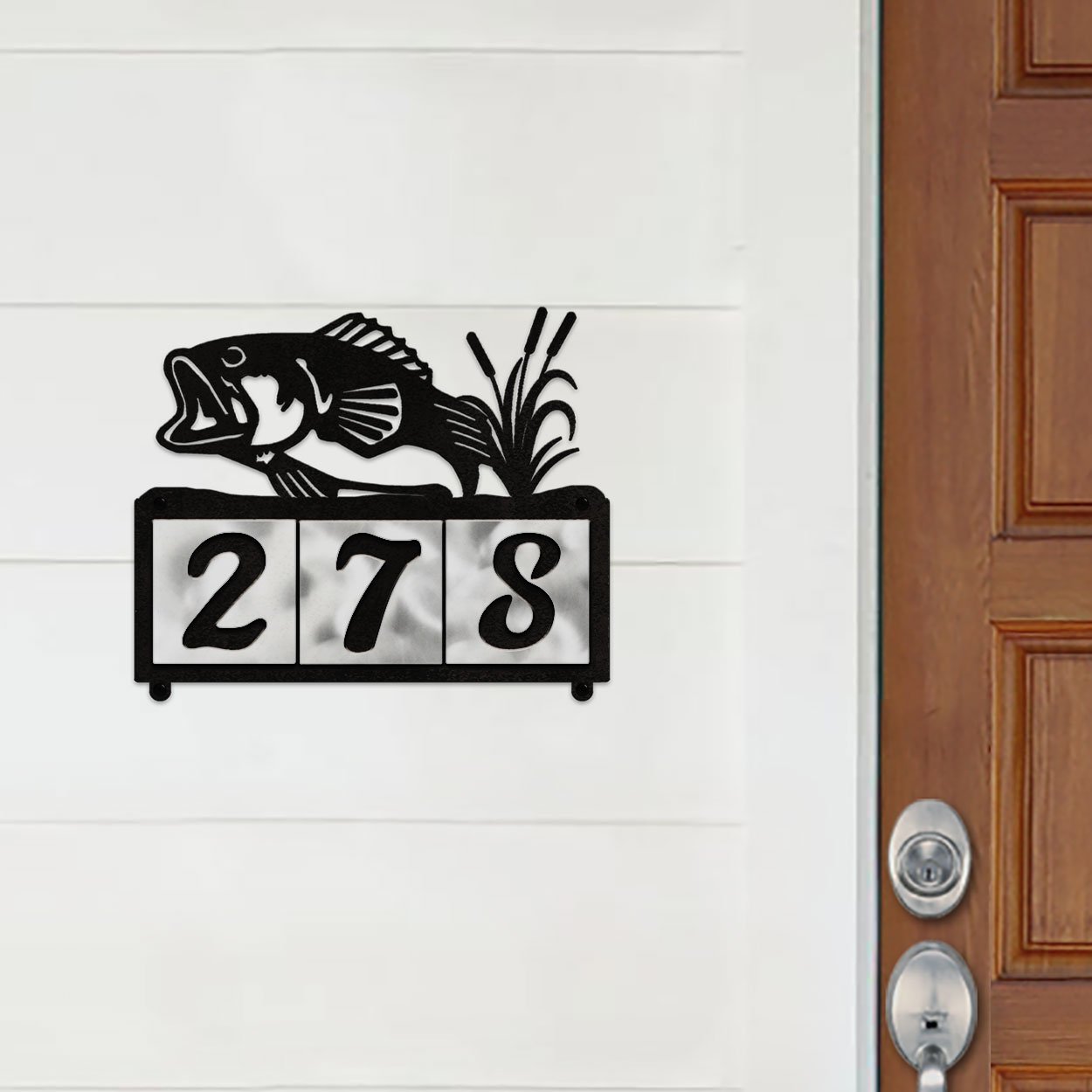607003 - Jumping Bass in Reeds Design 3-Digit Horizontal 4-inch Tile Outdoor House Numbers