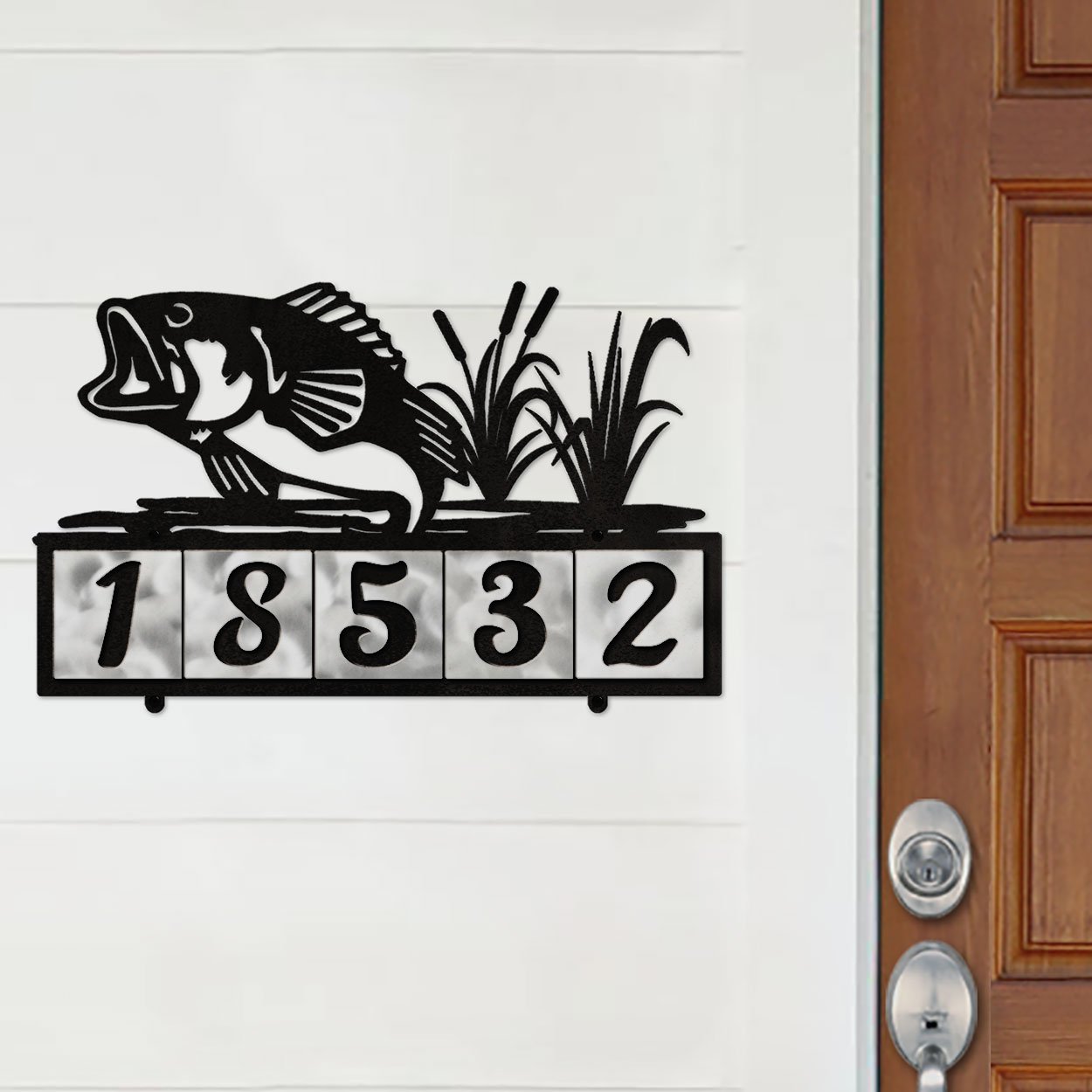 607005 - Jumping Bass in Reeds Design 5-Digit Horizontal 4-inch Tile Outdoor House Numbers
