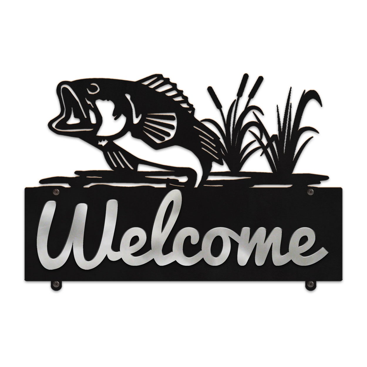 607008 - Jumping Bass in Reeds Design Horizontal Metal Welcome Wall Plaque