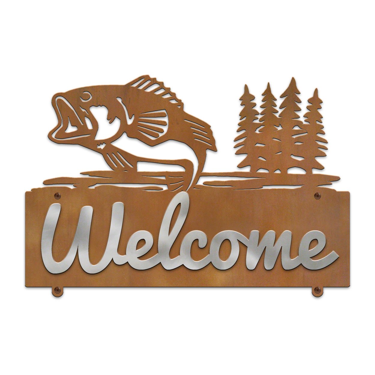 607018 - Jumping Bass with Trees Design Horizontal Metal Welcome Wall Plaque