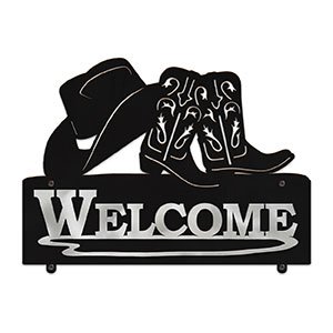 607038 - Cowboy Hat and Boots Design Horizontal Metal Welcome Wall Plaque
