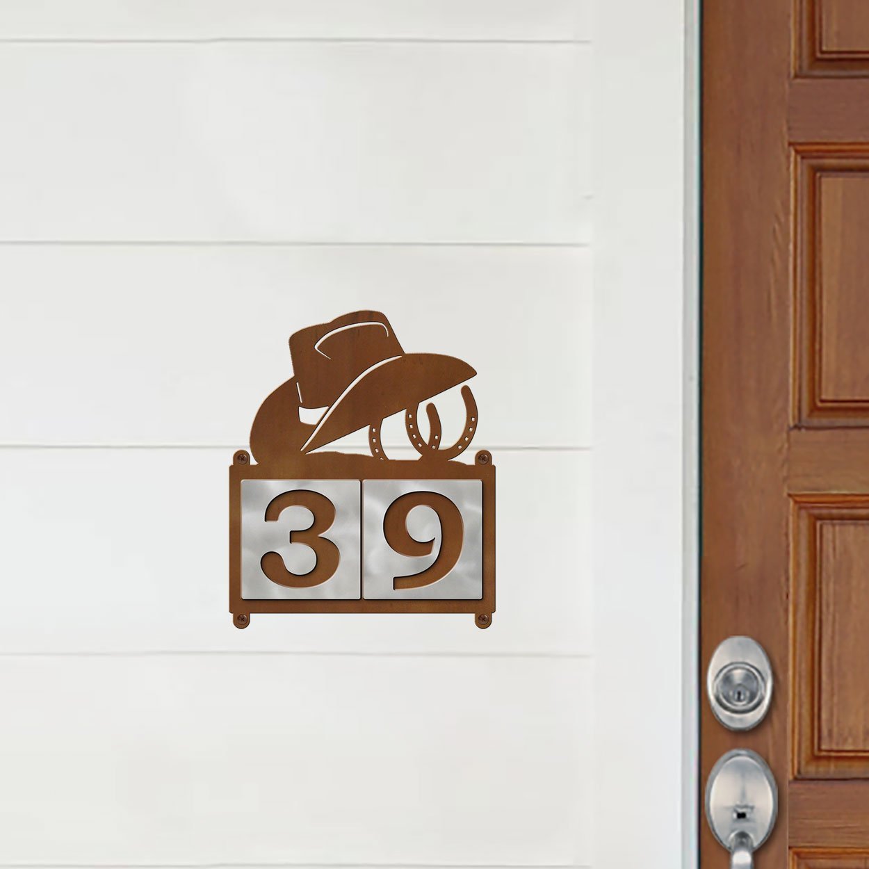 607042 - Cowboy Hat and Horseshoes Design 2-Digit Horizontal 4-inch Tile Outdoor House Numbers