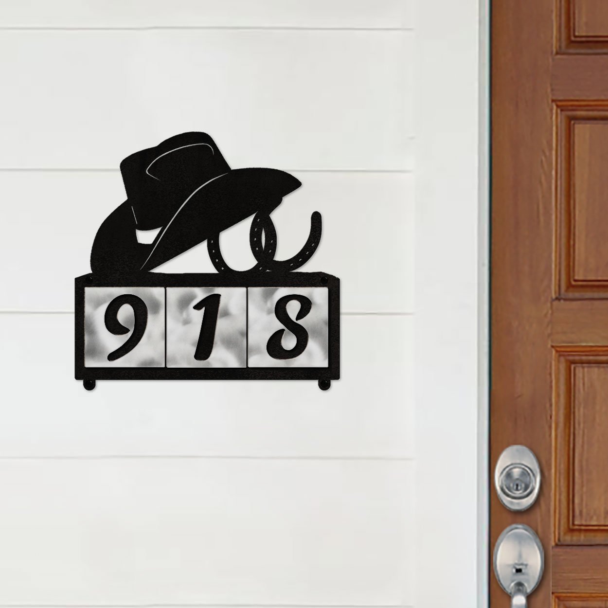 607043 - Cowboy Hat and Horseshoes Design 3-Digit Horizontal 4-inch Tile Outdoor House Numbers