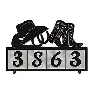 607044 - Cowboy Boots with Hat and Horseshoes Design 4-Digit Horizontal 4-inch Tile Outdoor House Numbers