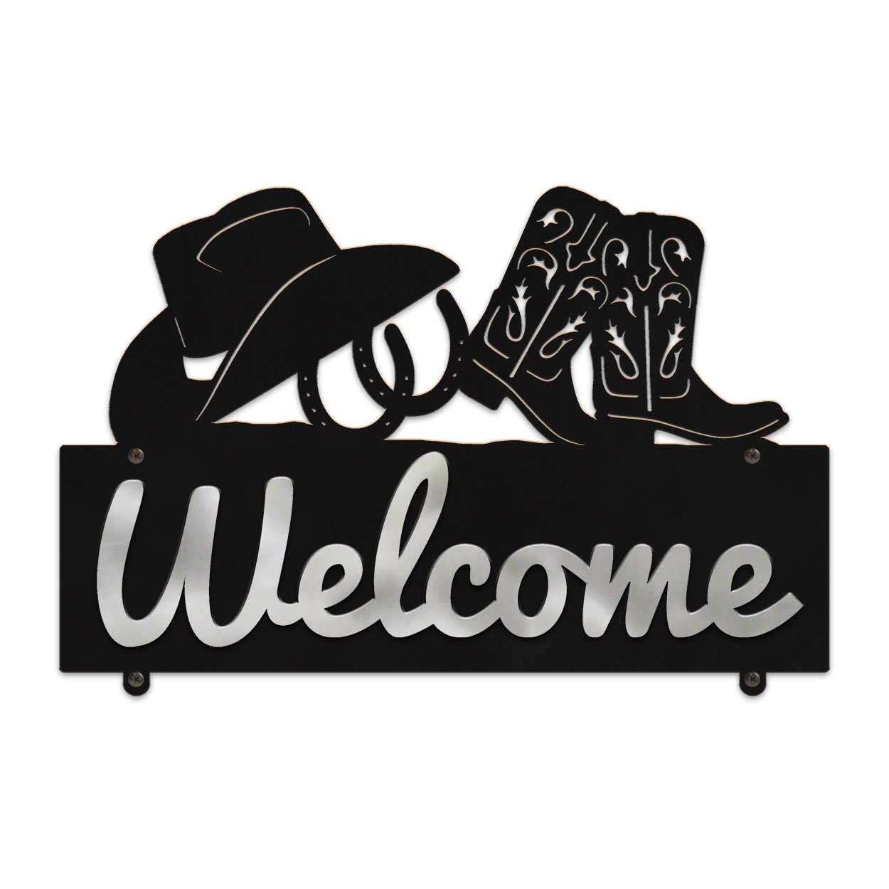 607048 - Cowboy Boots with Hat and Horseshoes Design Horizontal Metal Welcome Wall Plaque