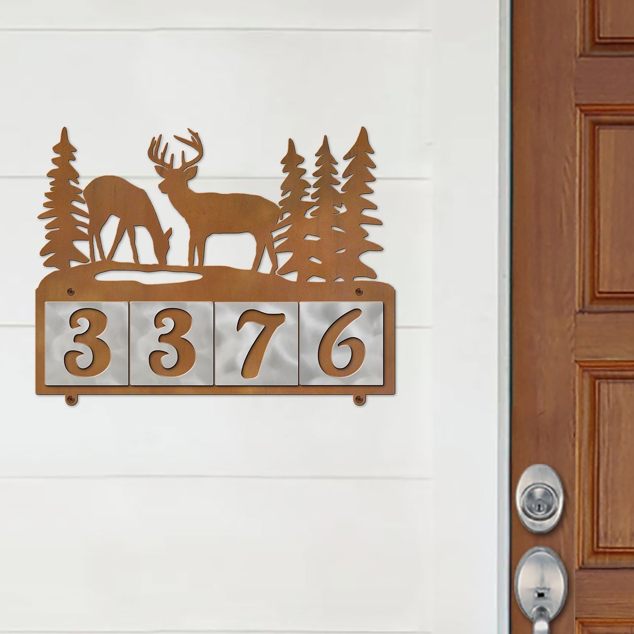 607064 - Deer Buck and Doe Design 4-Digit Horizontal 4-inch Tile Outdoor House Numbers