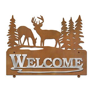 607068 - Deer Buck and Doe Design Horizontal Metal Welcome Wall Plaque