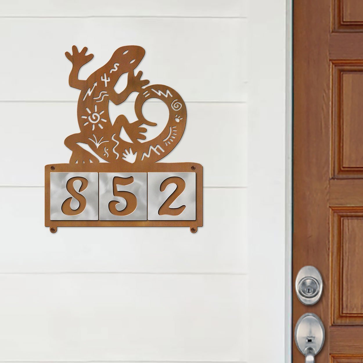 607093 - Petroglyph Lizard Design 3-Digit Horizontal 4-inch Tile Outdoor House Numbers