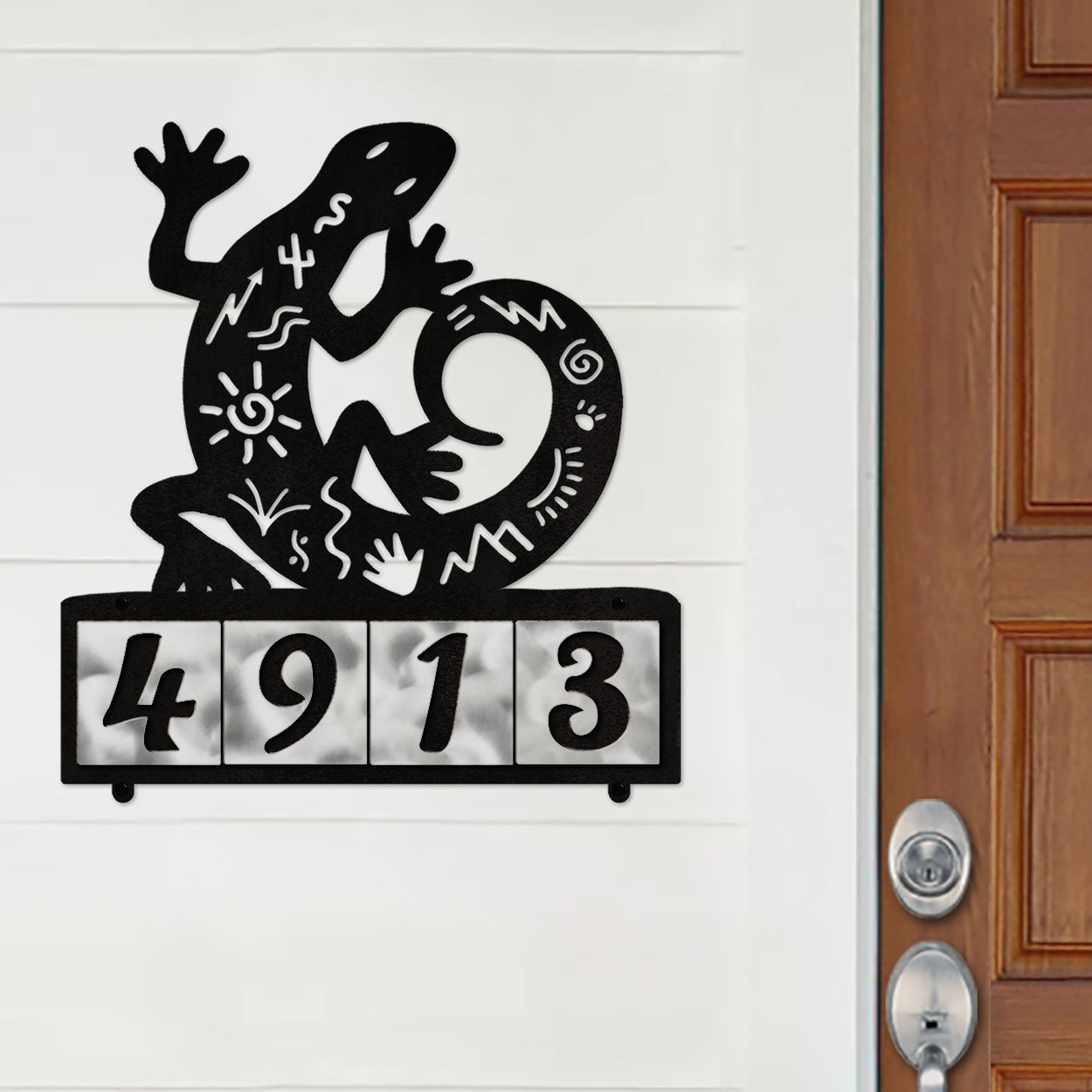 607094 - Petroglyph Lizard Design 4-Digit Horizontal 4-inch Tile Outdoor House Numbers