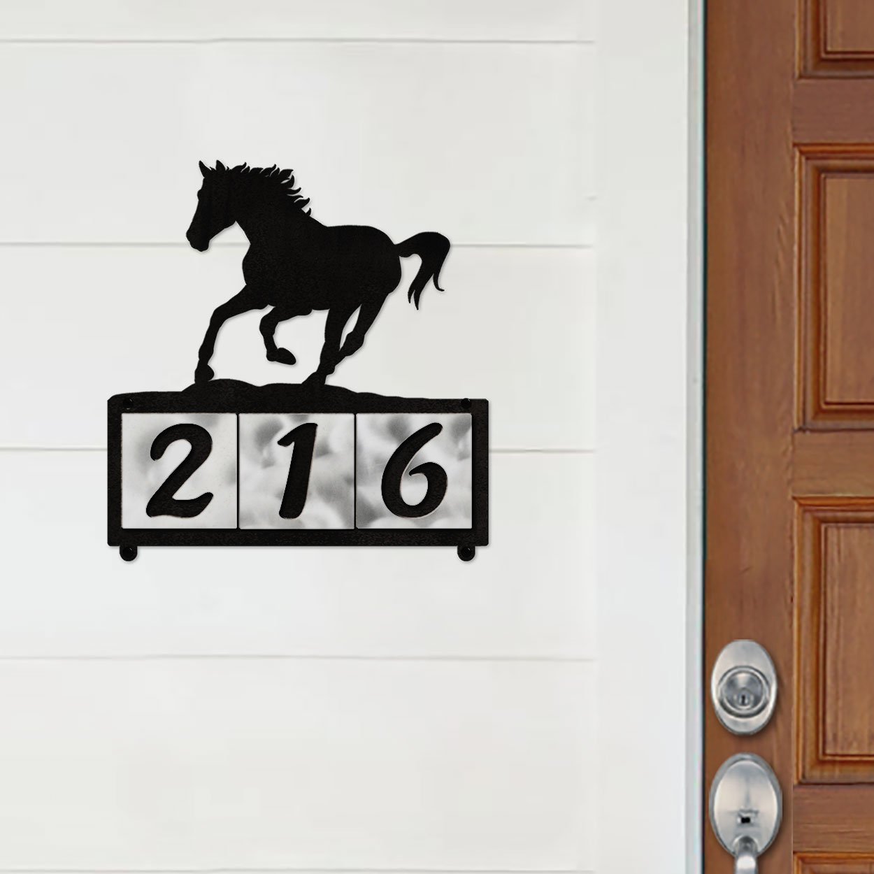 607103 - Running Horse Scene Design 3-Digit Horizontal 4-inch Tile Outdoor House Numbers