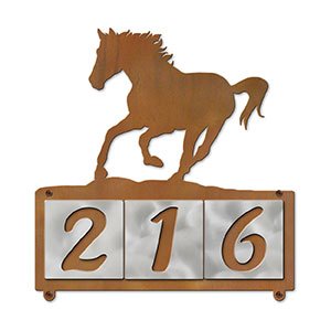 607103 - Running Horse Scene Design 3-Digit Horizontal 4-inch Tile Outdoor House Numbers