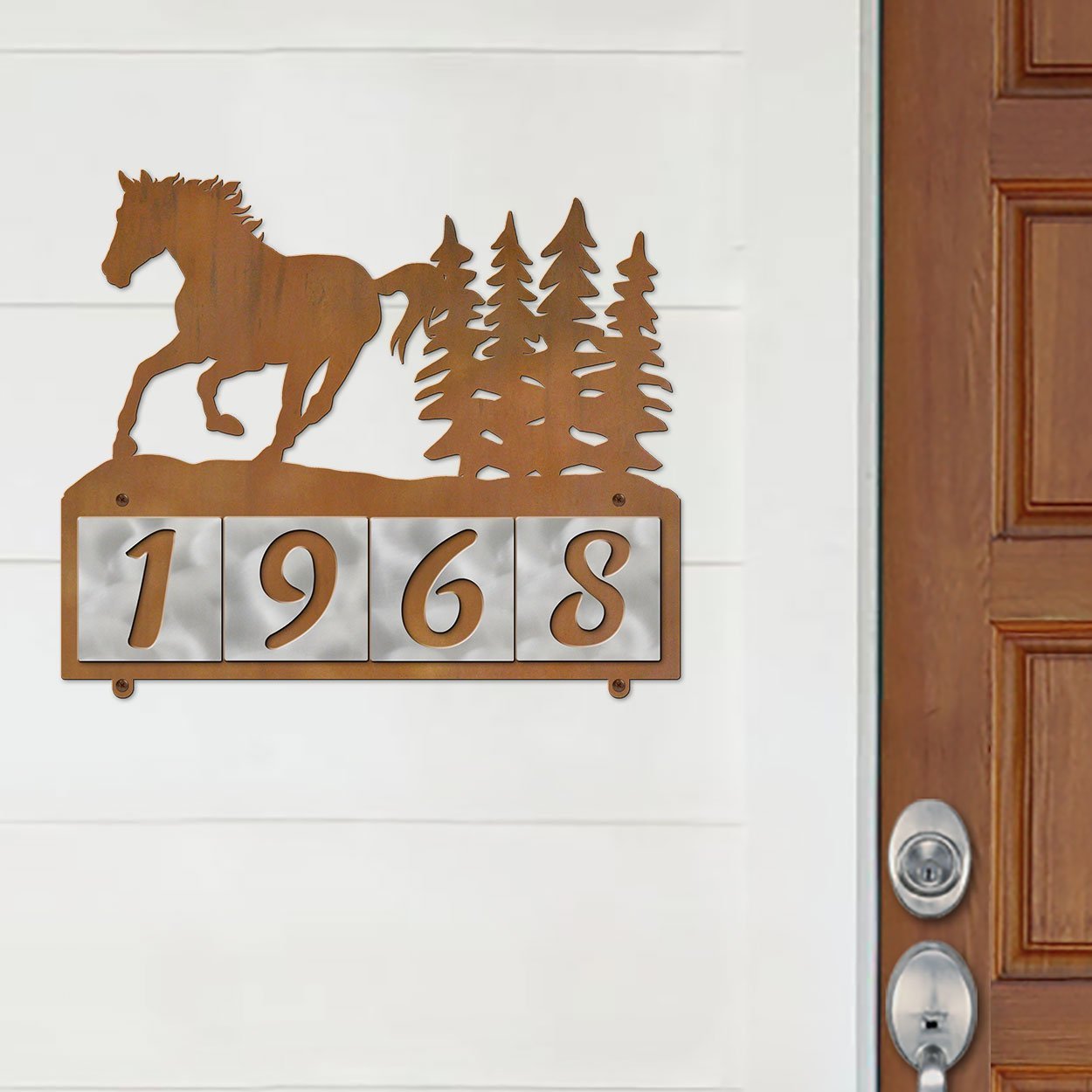 607104 - Running Horse Scene Design 4-Digit Horizontal 4-inch Tile Outdoor House Numbers