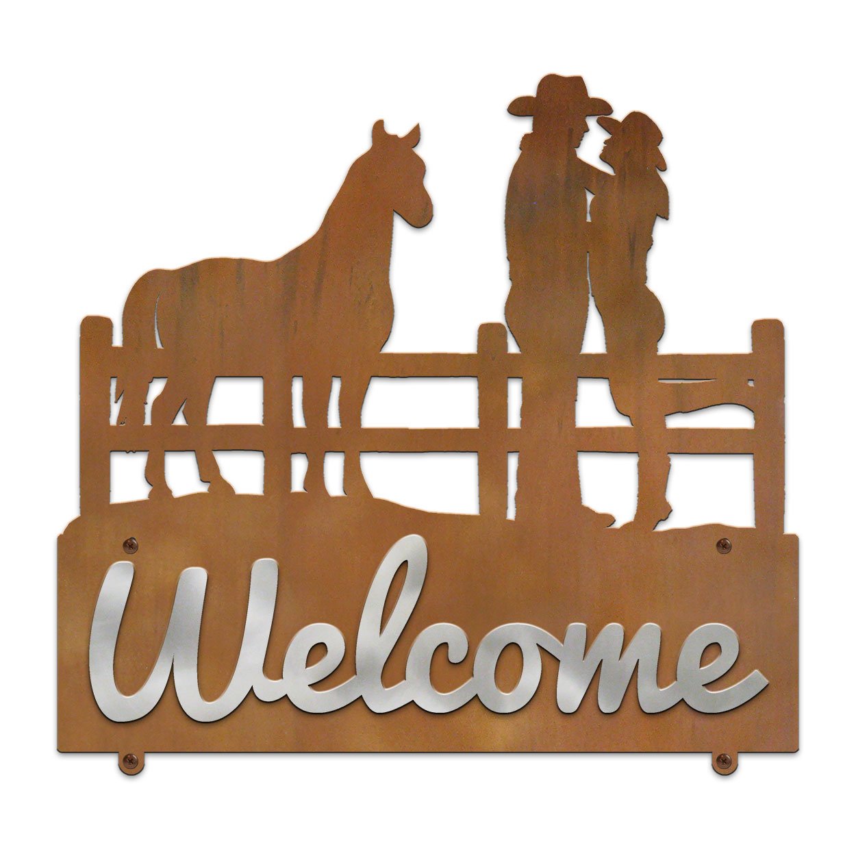 607118 - Cowboy Couple with Horse Design Horizontal Metal Welcome Wall Plaque