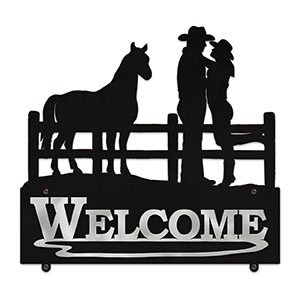 607118 - Cowboy Couple with Horse Design Horizontal Metal Welcome Wall Plaque
