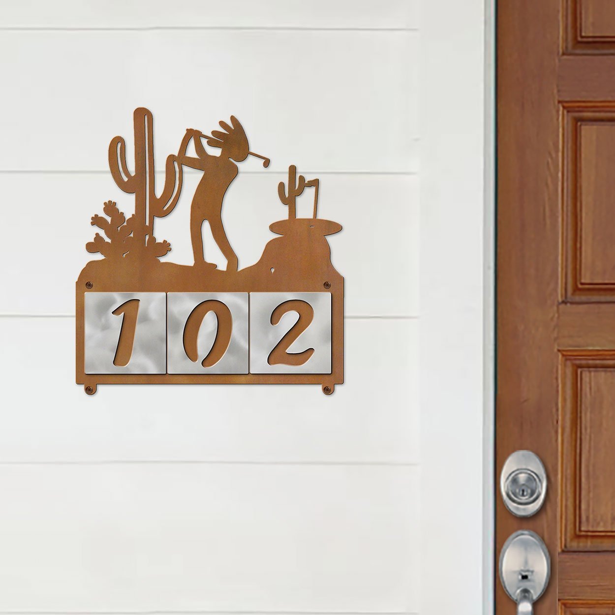 607133 - Kokopelli Desert Golfer Design 3-Digit Horizontal 4-inch Tile Outdoor House Numbers
